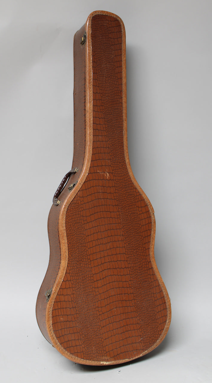 The brown snakeskin-textured guitar case is angled, showing its back and side, with a worn handle and scuffs on the bottom edge.