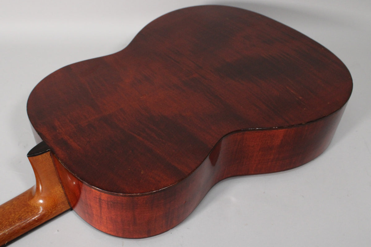The guitar's dark reddish-brown back and sides are visible from the upper bout to the lower bout, with some finish wear.