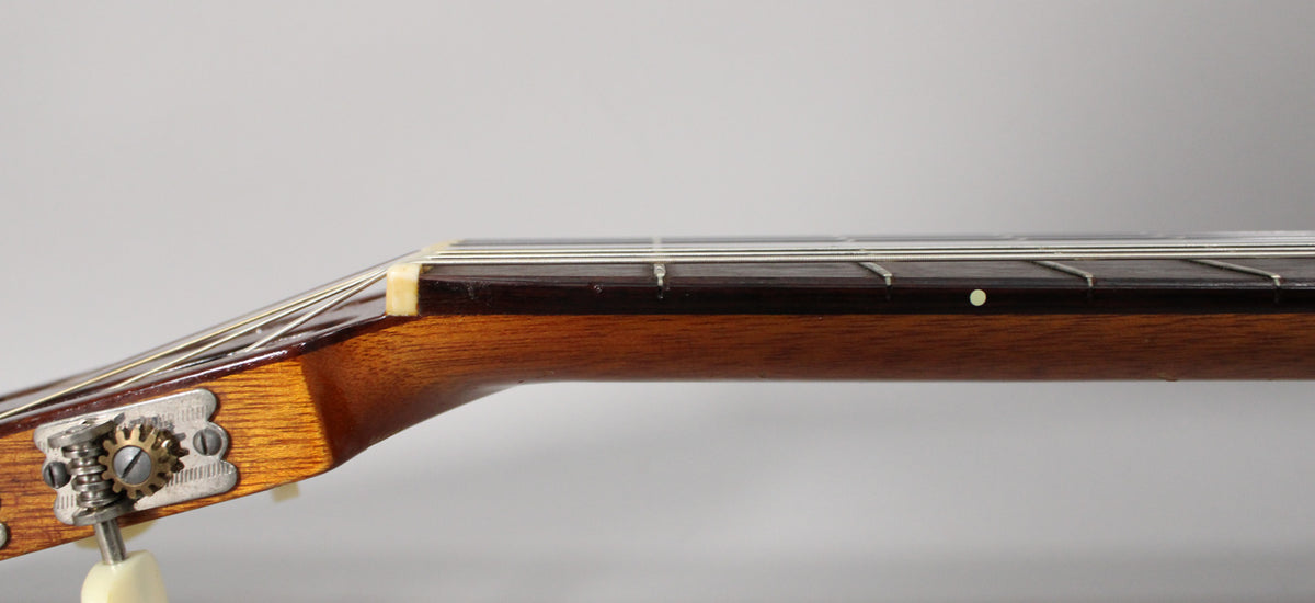 Close-up of the guitar's neck and headstock from the side, showing the dark fretboard, light nut, and metal tuning gears.