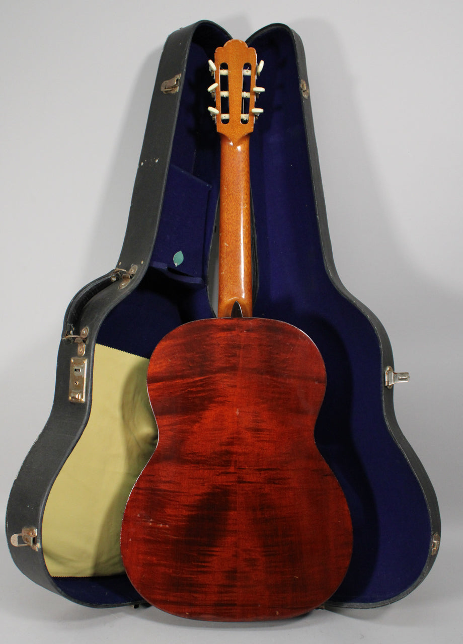 The guitar is shown from the back, with a reddish-brown body and a lighter neck, resting in an open hard shell case with blue lining.
