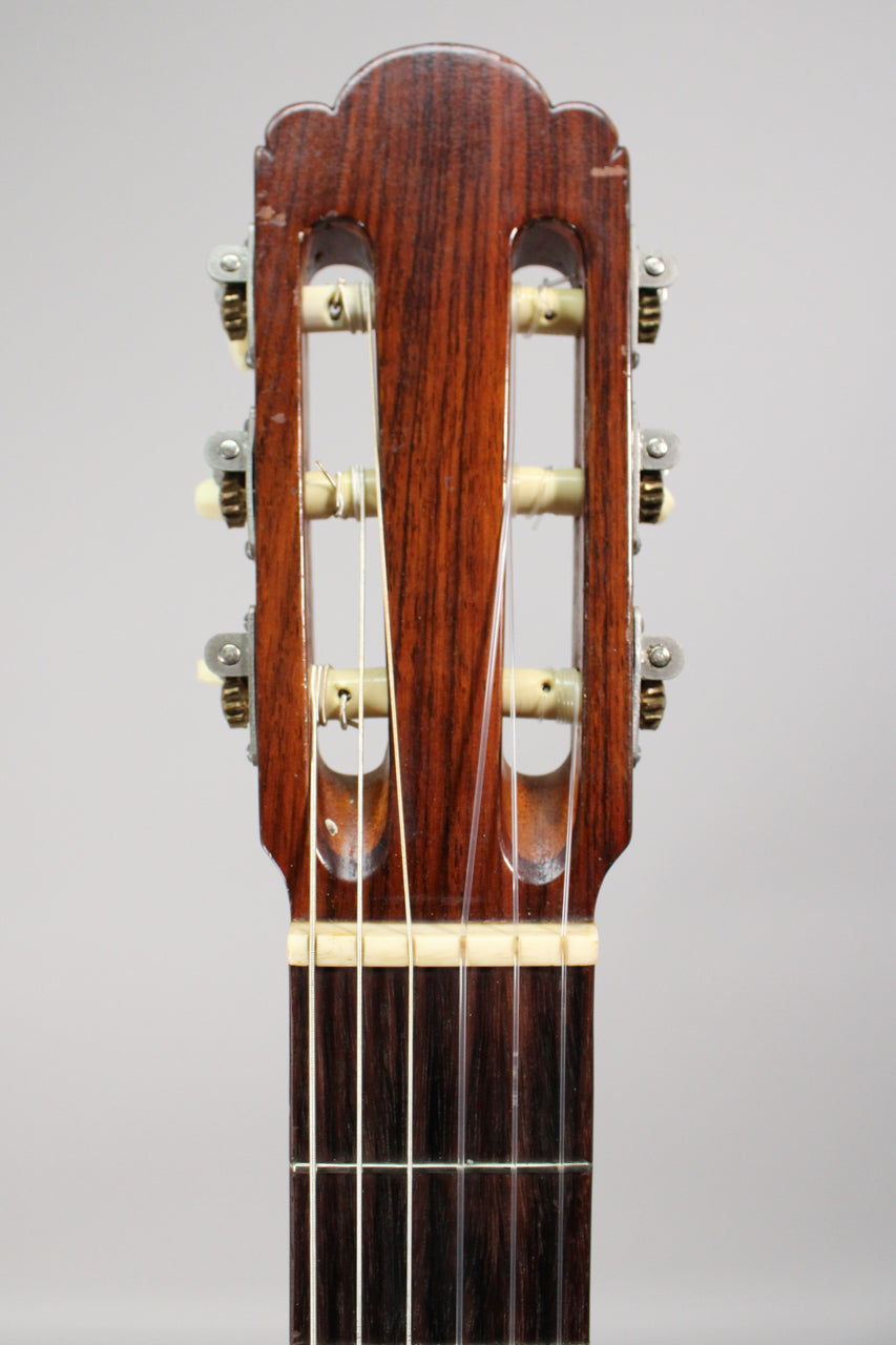 The dark brown headstock, with six cream tuning pegs and visible wear on the edges, is centered above the fretboard.