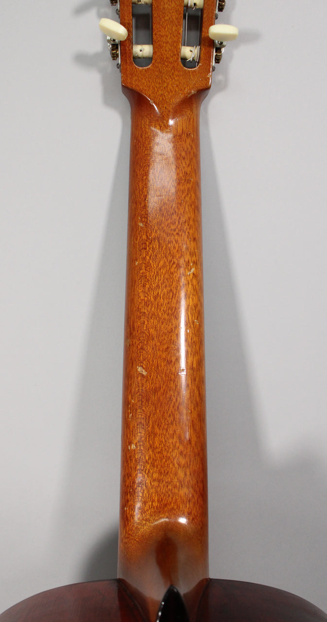 The back of the guitar's glossy, reddish-brown neck and headstock, showing white tuning pegs and scattered finish wear.