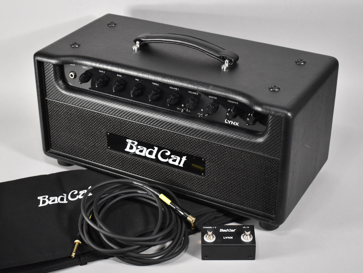 Black amplifier head with a textured finish, front panel controls, a top handle, and a matching footswitch and cable.