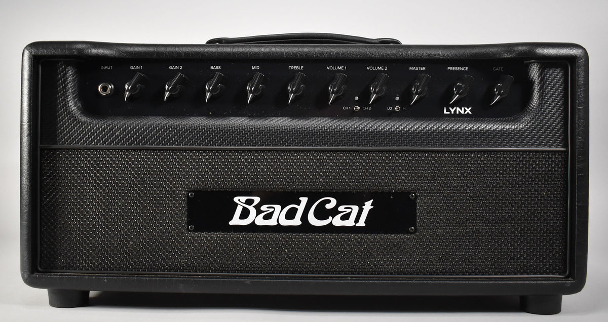 Front view of a black amplifier head with a carbon fiber-patterned top panel, a mesh grille below, and ten black control knobs.