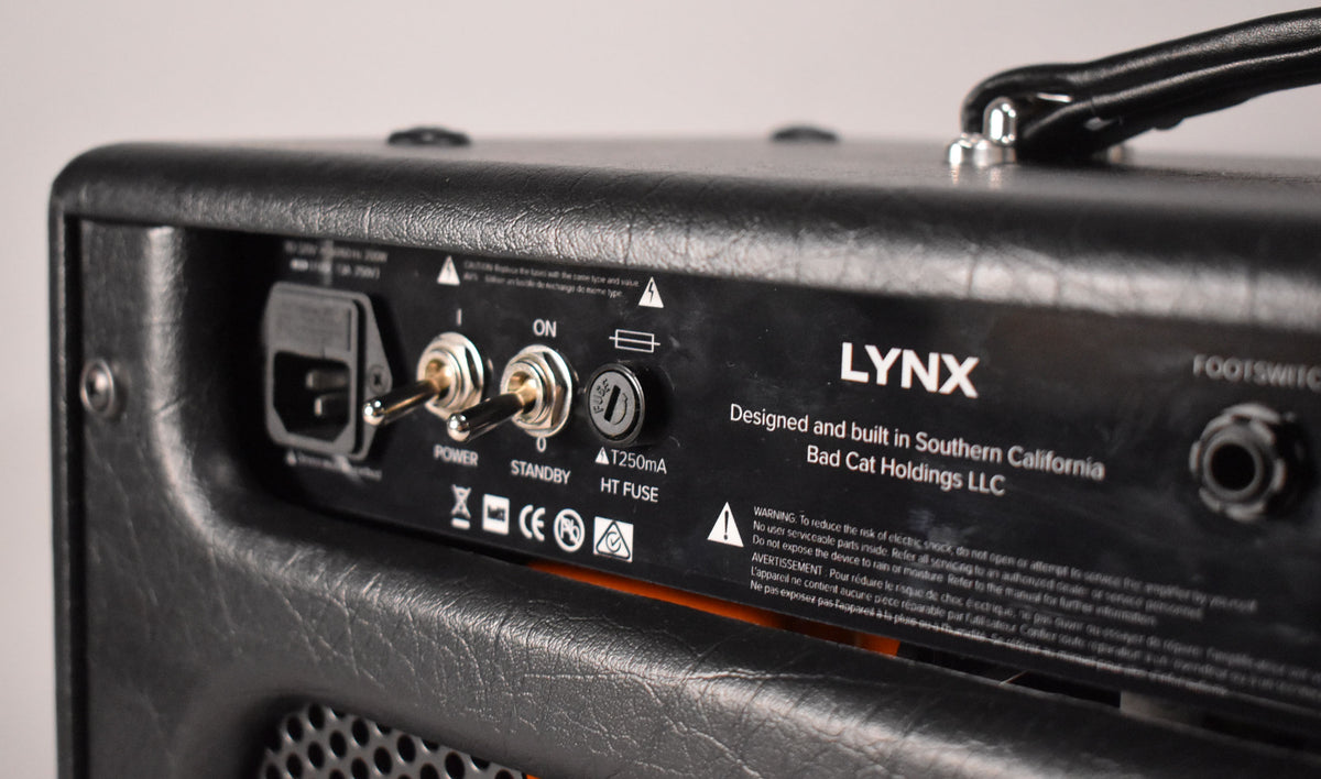 The rear panel of a black tolex amp head, showing the power input, two metal toggle switches, a fuse cap, and a footswitch jack.