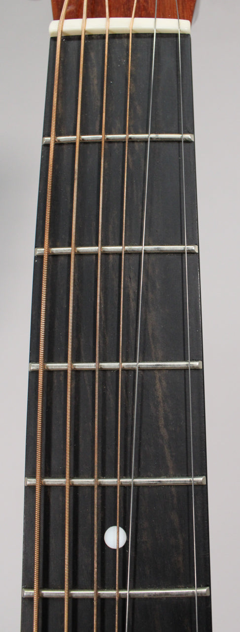 Close-up of the dark fretboard with silver frets and a white dot inlay at the 7th fret, showing bronze and silver strings.