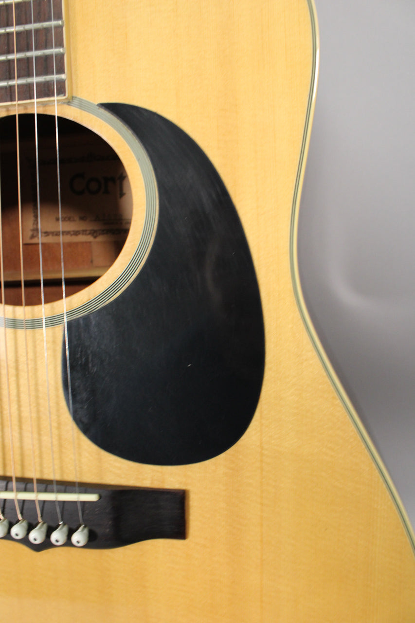 Close-up of the light-colored acoustic guitar body, showing the soundhole with a black pickguard and the bridge with six white pins.