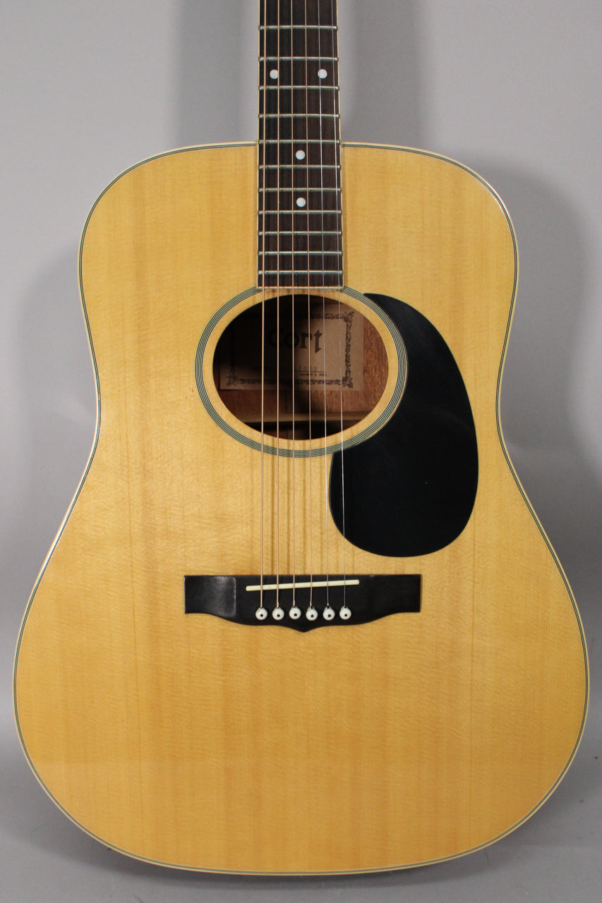 The natural finish dreadnought acoustic guitar is centered, showing its light wood body, black pickguard, and dark fretboard with dot inlays.