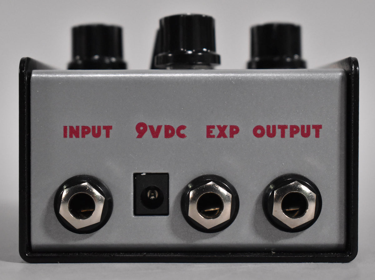 The pedal's silver rear panel shows three 1/4-inch jacks labeled "INPUT," "EXP," and "OUTPUT," plus a 9VDC power input.