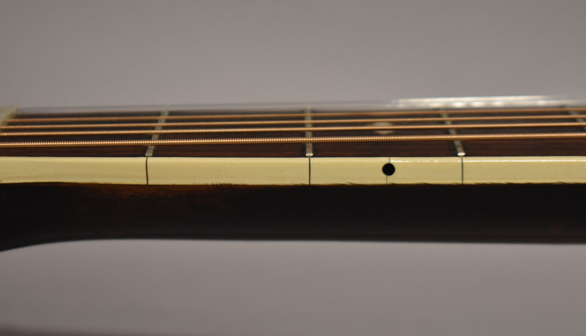 Close-up of the guitar's dark fretboard and light binding, showing copper strings, metal frets, and a single black dot inlay.