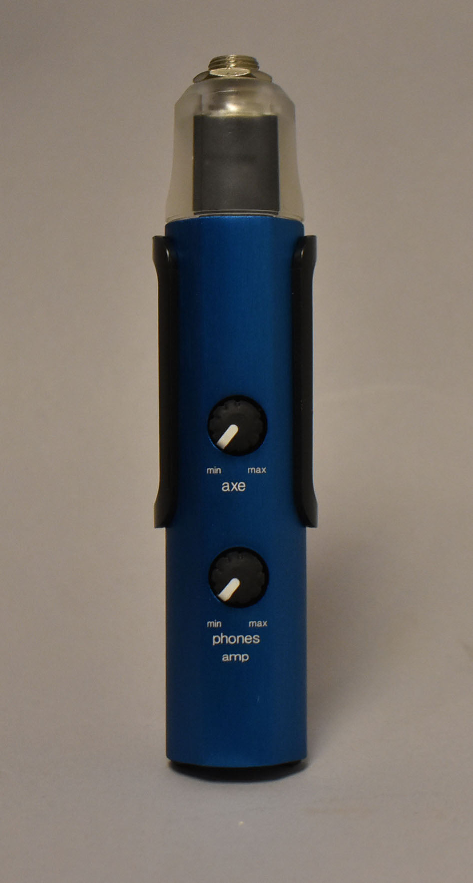 A blue cylindrical recording interface with two black control knobs, a clear top cap, and two black side clips.