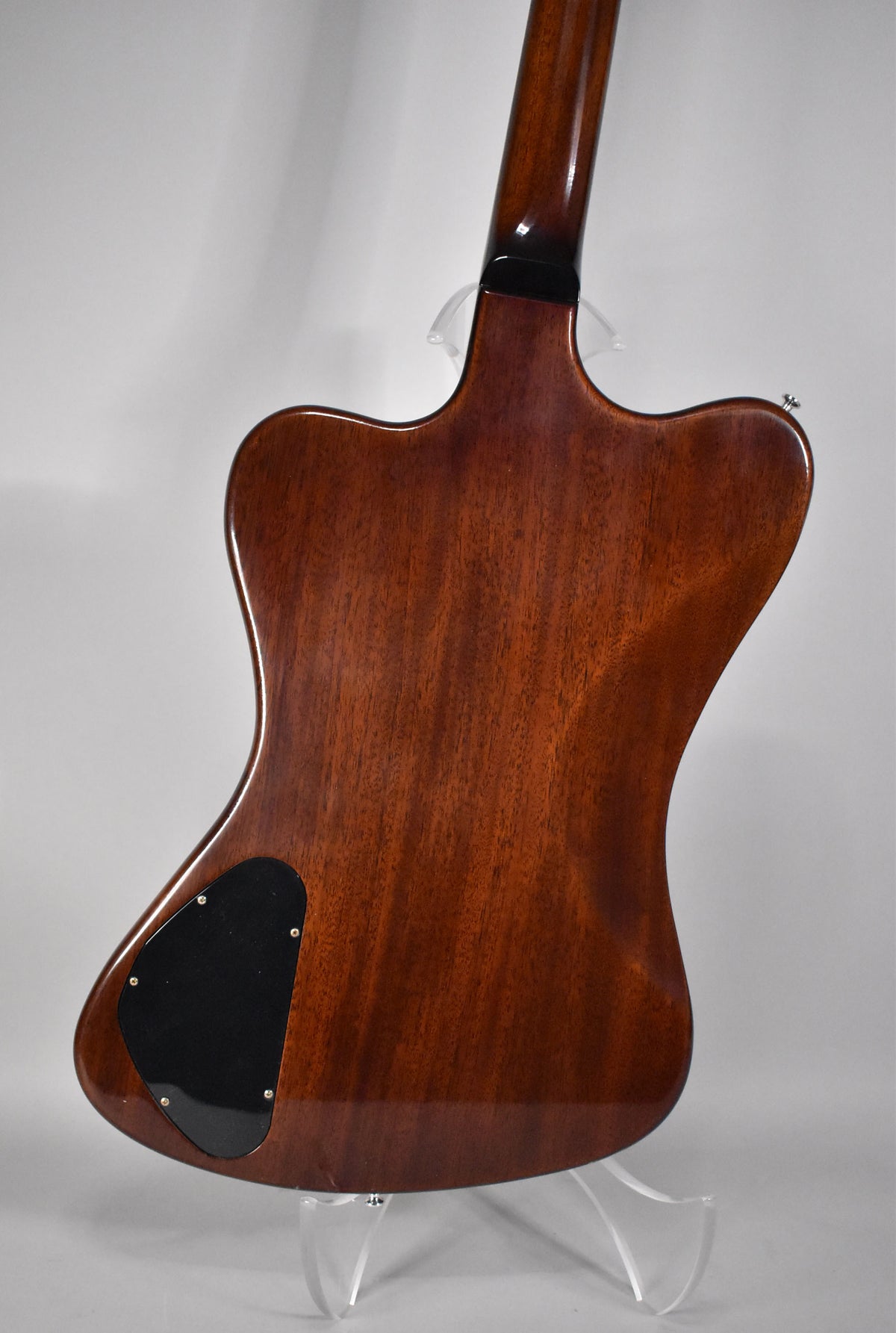 Rear view of the Firebird's dark sunburst body and neck, showing the grain and a black control cavity cover.