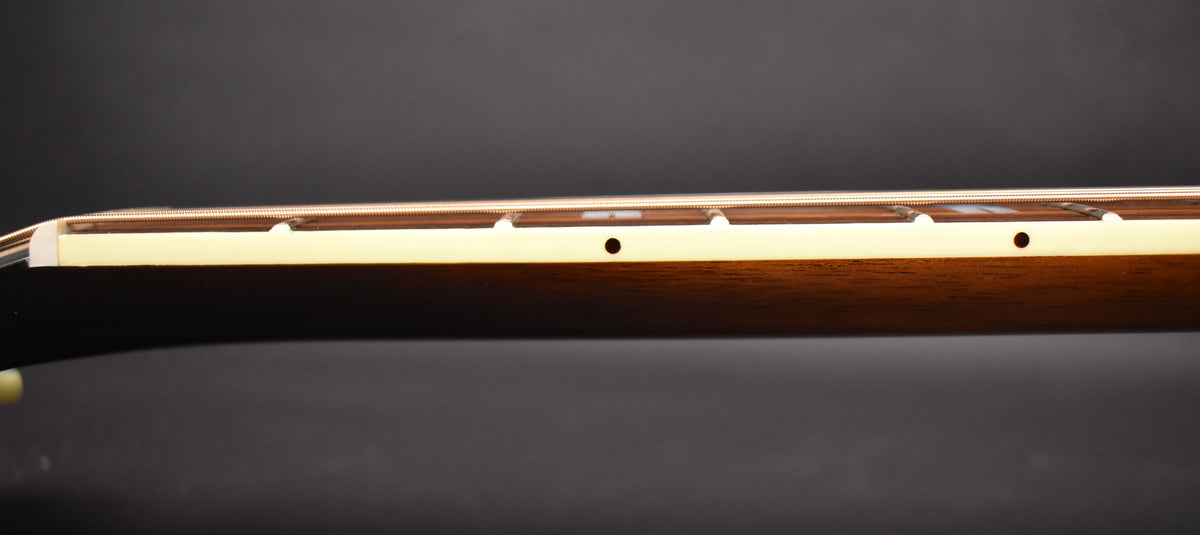A close-up of the guitar's dark brown neck, showing the light-colored binding and side dots, with strings visible above.