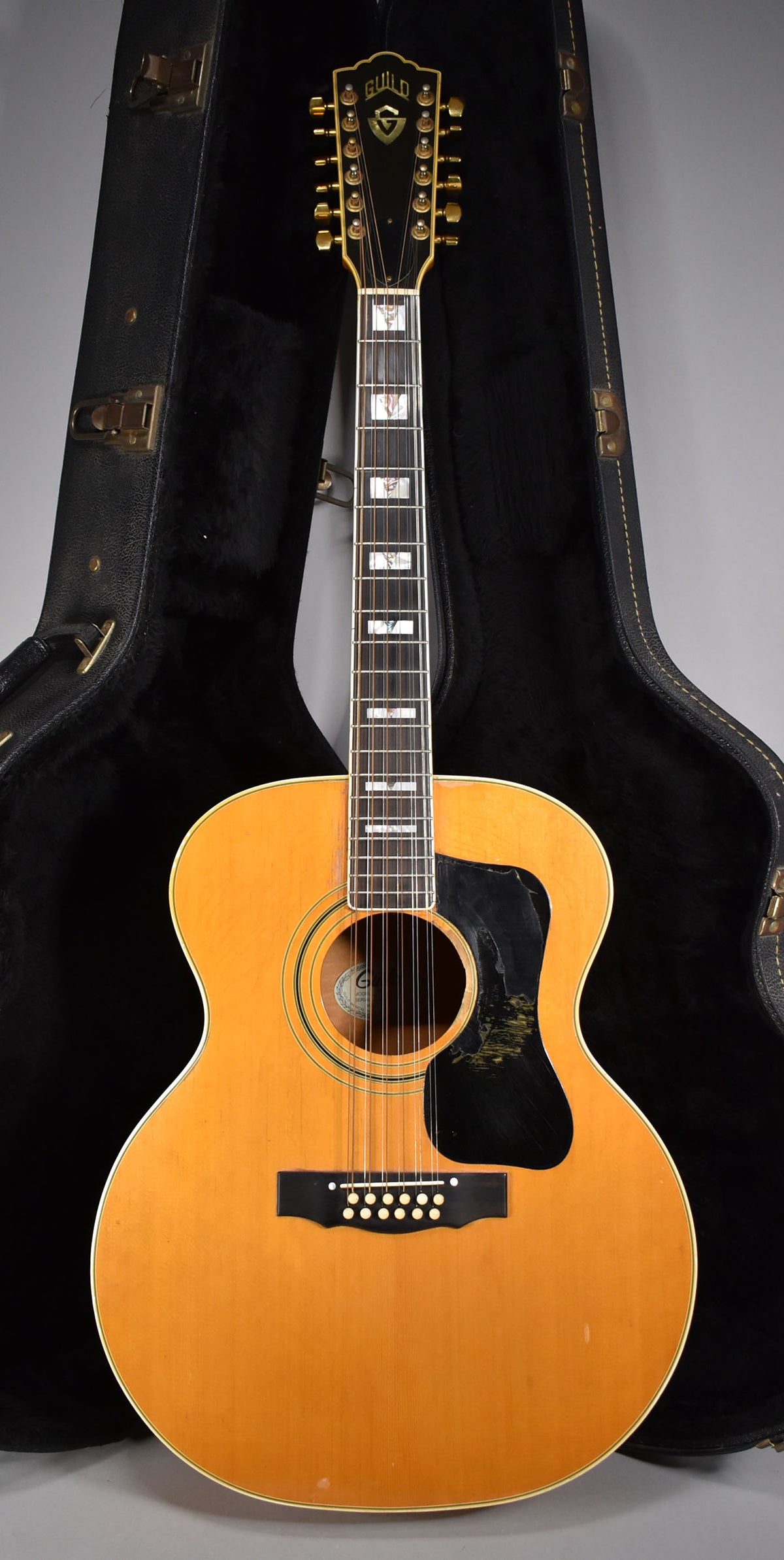 Full-front view of a natural blonde 12-string acoustic guitar with a black pickguard, gold tuners, and rectangular fretboard inlays.