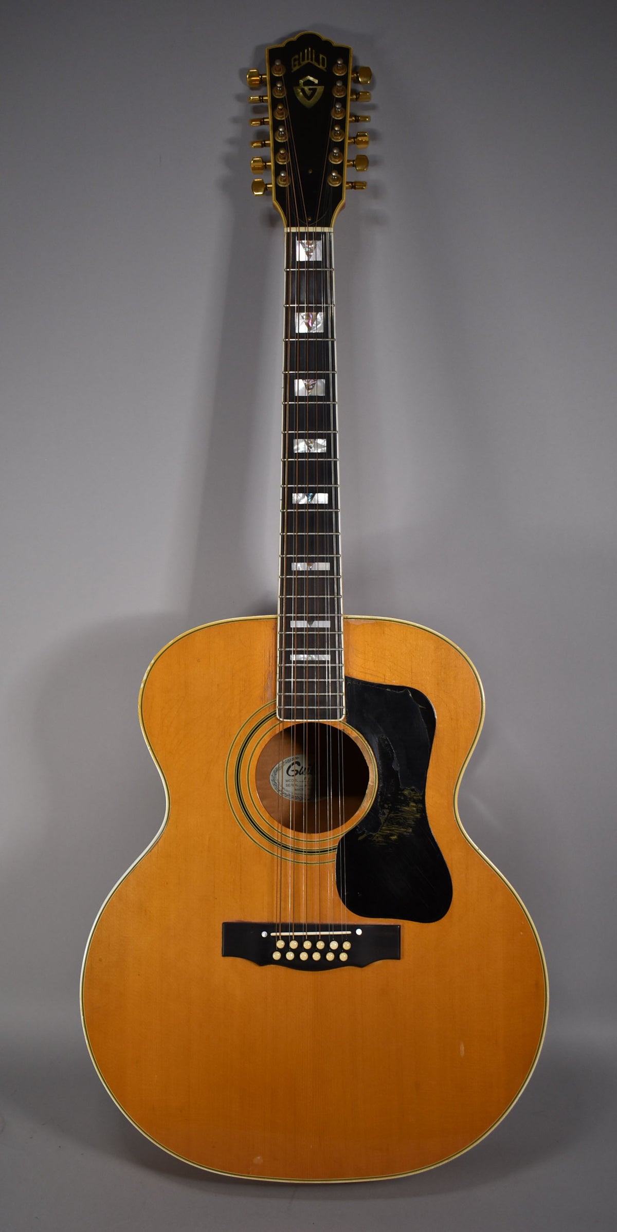 Full-front view of a blonde 12-string acoustic guitar with a black pickguard, gold tuners, and rectangular mother-of-pearl fret markers.