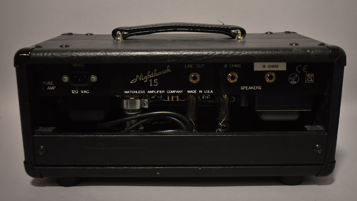 The black amplifier head is viewed from the rear, showing the power input, fuse, line out, and speaker outputs, with visible vacuum tubes.