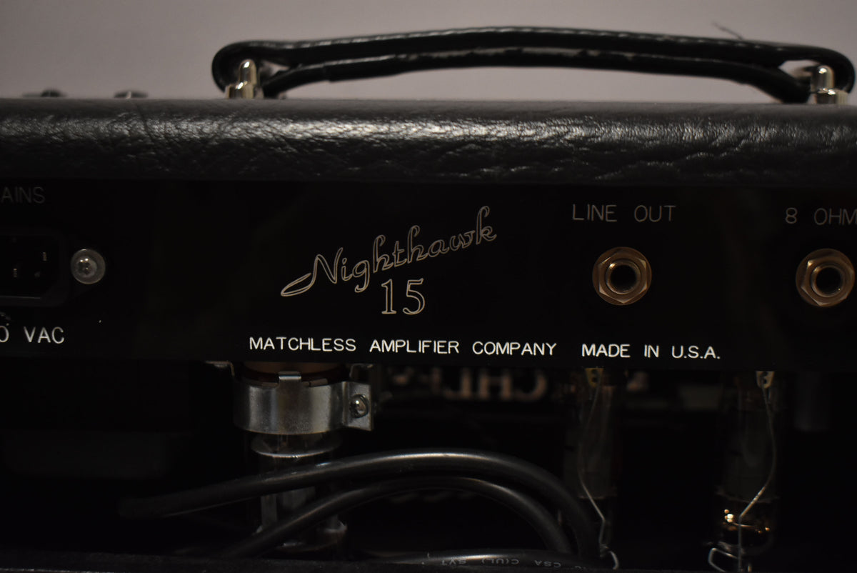 Close-up of the amp's black rear panel, showing the power input, two output jacks, and visible tubes and wiring below.