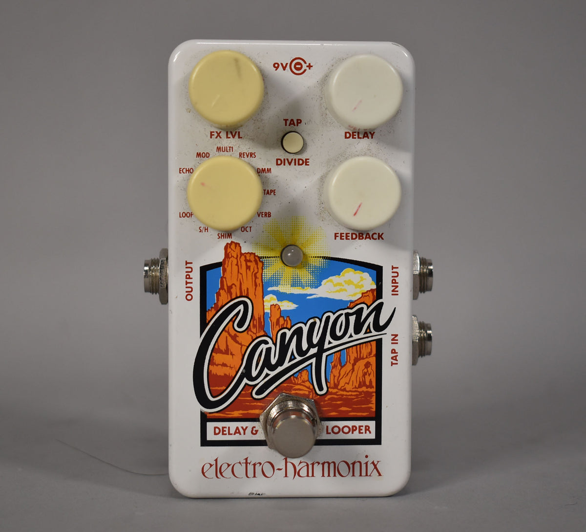 A white guitar pedal with a desert canyon graphic, four cream knobs, a small black knob, and a silver footswitch.