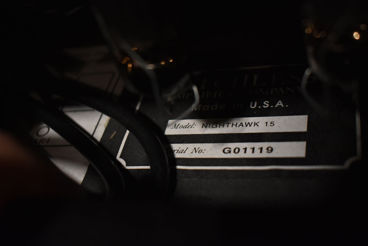 A close-up of the amp's black rear panel, showing a white label with "Model: NIGHTHAWK 15" and "Serial No: G01119" in black text.
