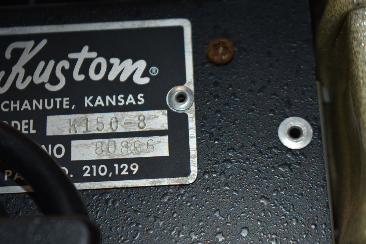 Close-up of the amp's black textured chassis with a silver data plate, showing a rusty screw and two silver rivets.