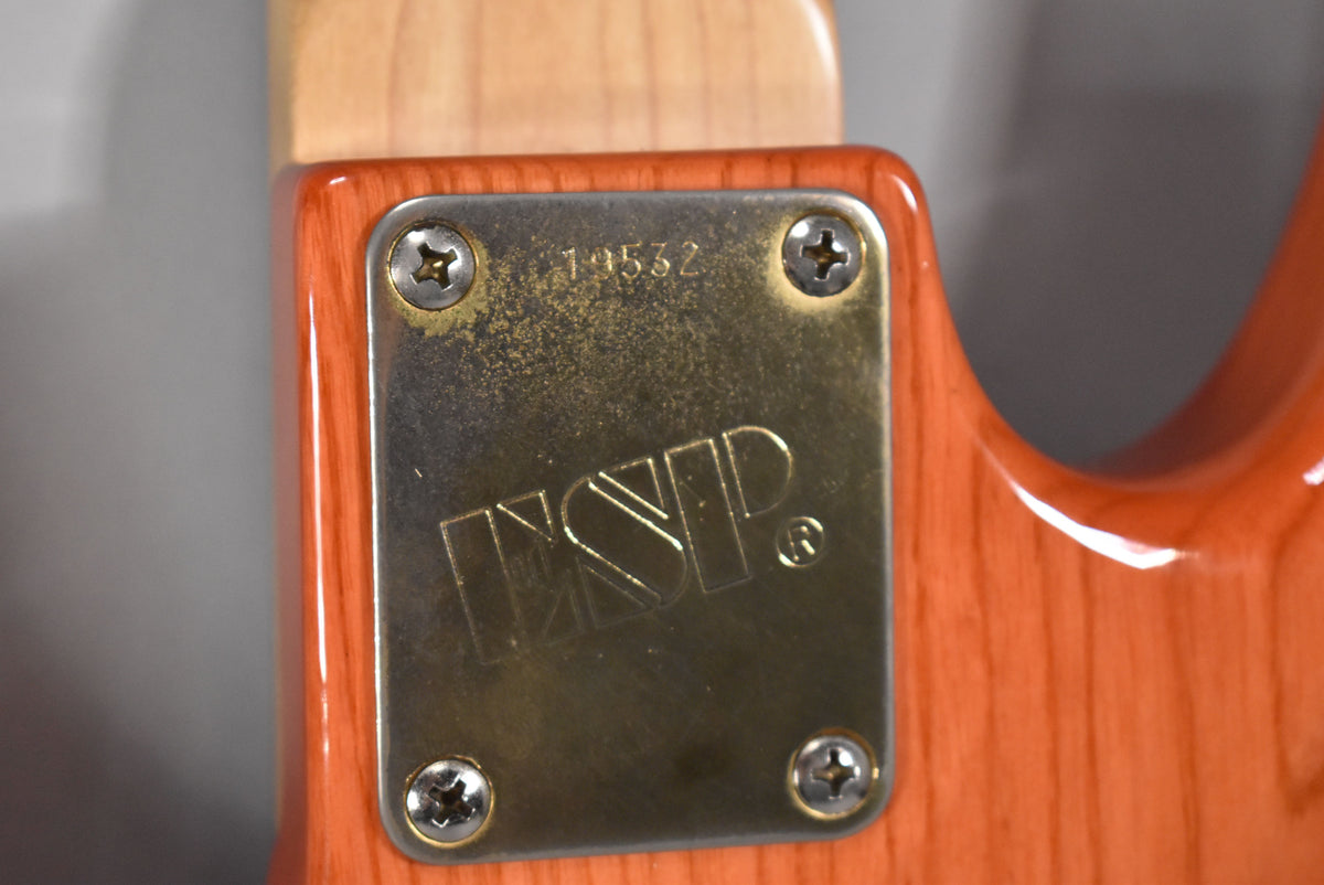Close-up of the bass's neck plate, a tarnished gold rectangle with four screws, set into the translucent orange body.