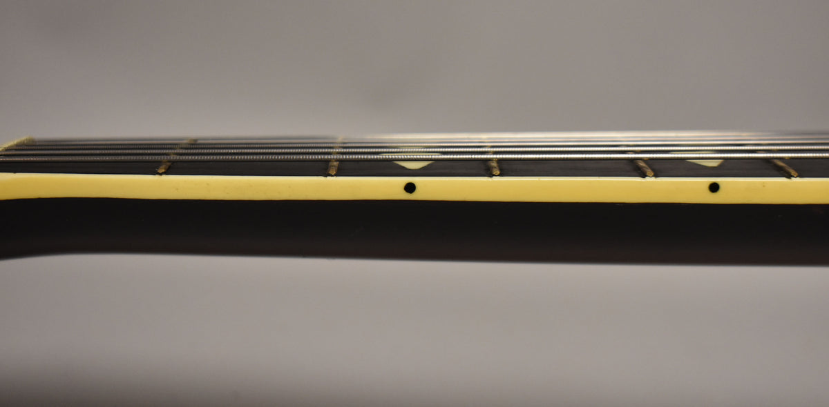 Close-up of the guitar's dark fretboard and cream binding, showing trapezoid inlays and side dots, with visible wear on the frets.