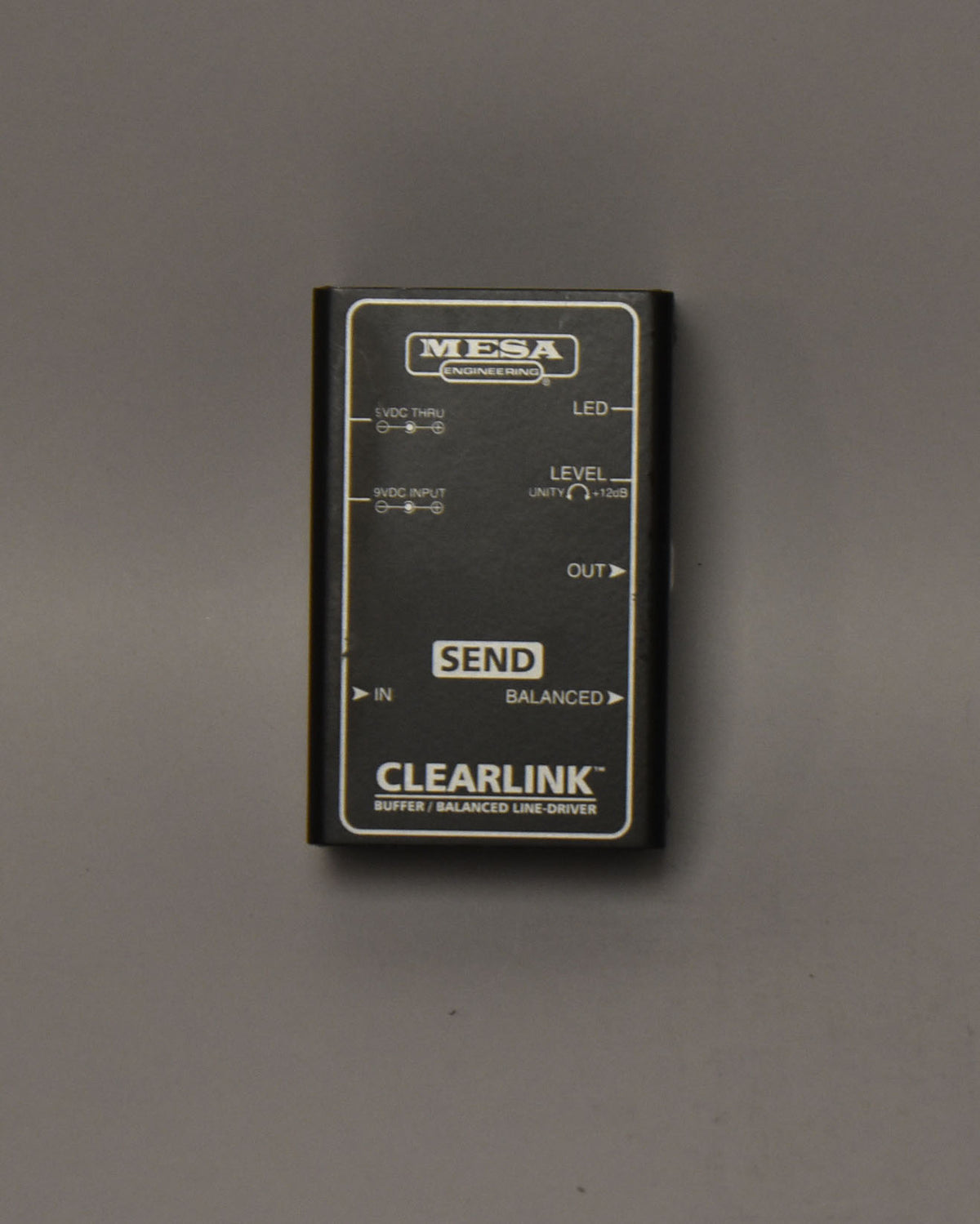 A black Mesa Boogie Clearlink buffer/balanced line-driver pedal with white text, including "SEND," "IN," "OUT," and "BALANCED.