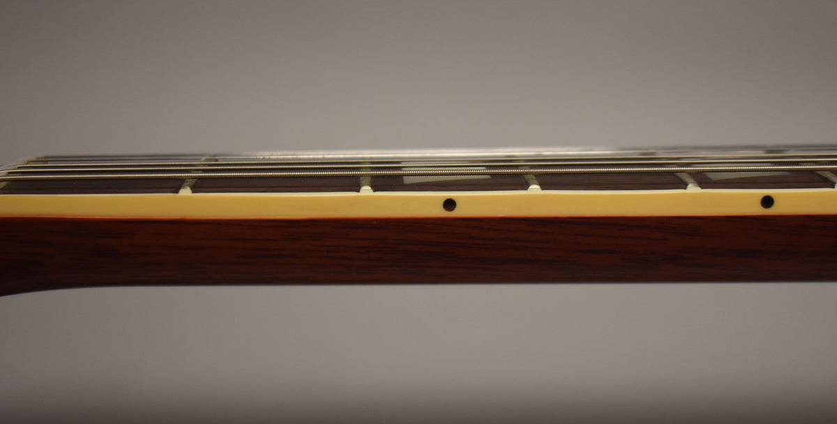 Close-up of the guitar's dark rosewood fretboard and cream binding, showing two black side dot markers and nickel frets.