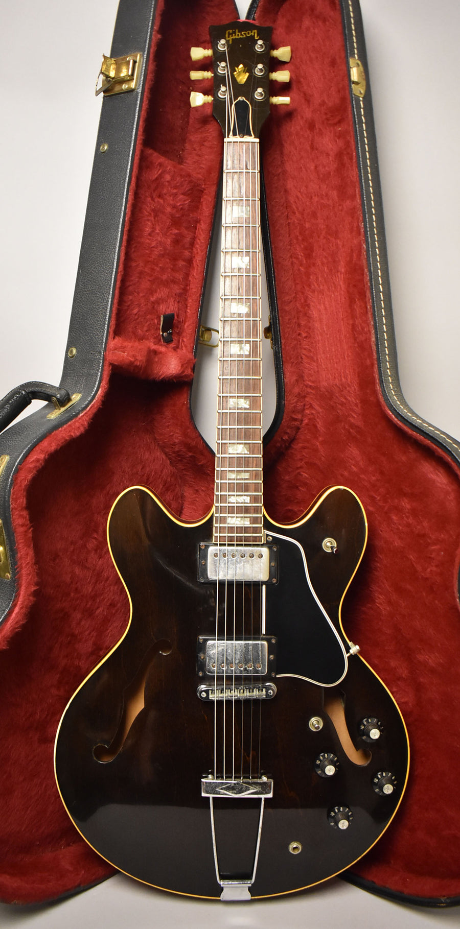 Full-length view of a dark walnut semi-hollowbody guitar with a black pickguard and chrome hardware, resting in a red plush-lined case.