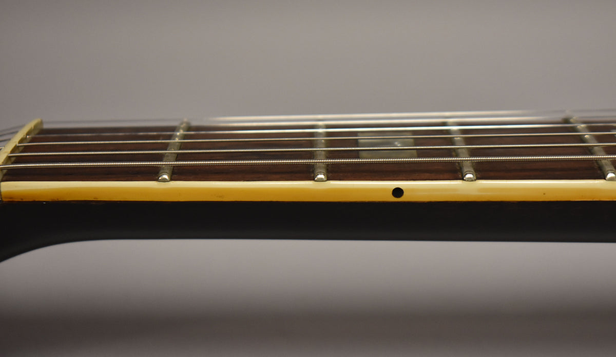 Close-up of the guitar's dark rosewood fretboard with cream binding, showing frets, strings, and a black side dot marker.
