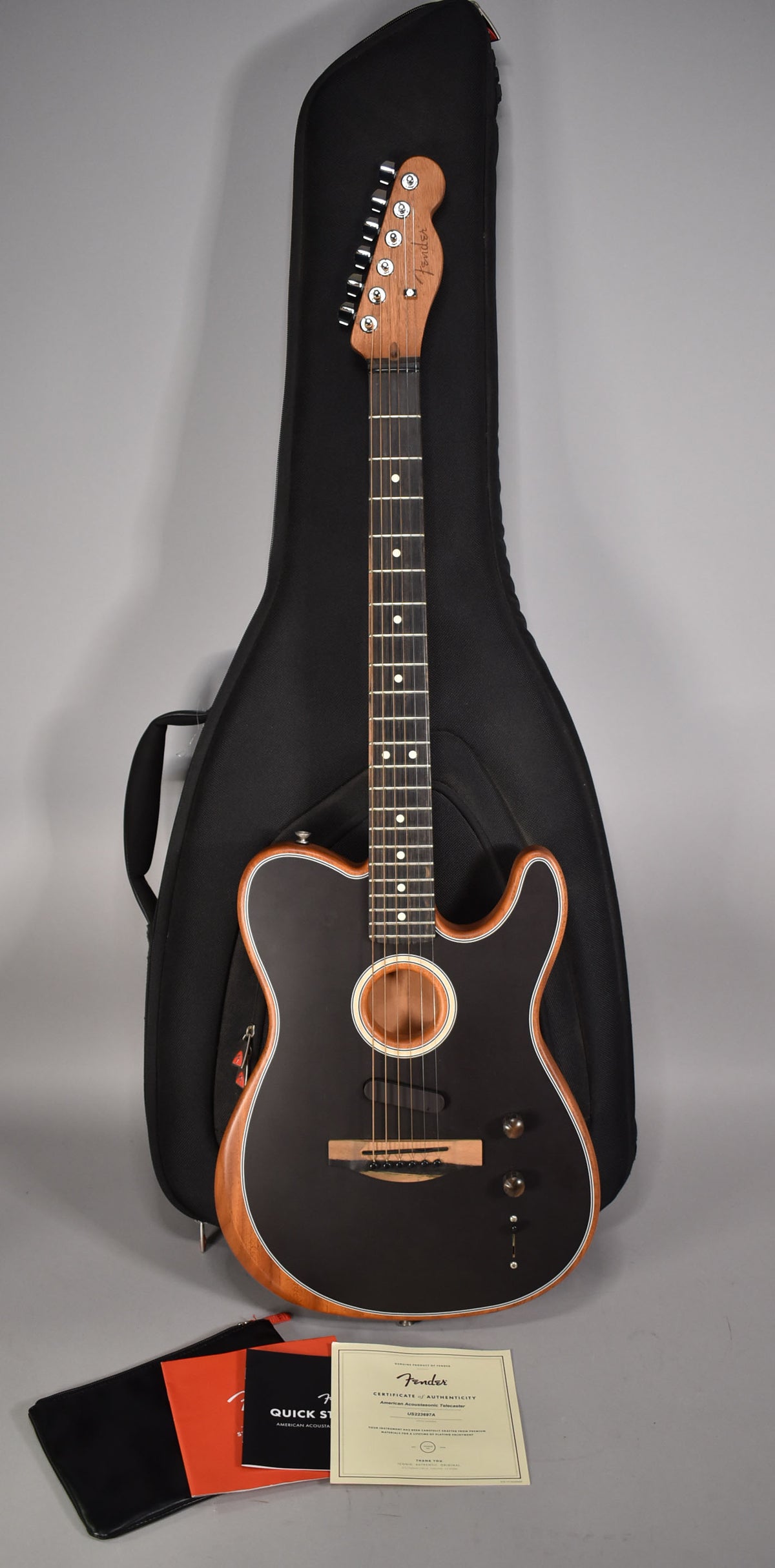 Full-length view of a black matte guitar with natural wood sides, a light wood headstock, and a black gig bag behind it.