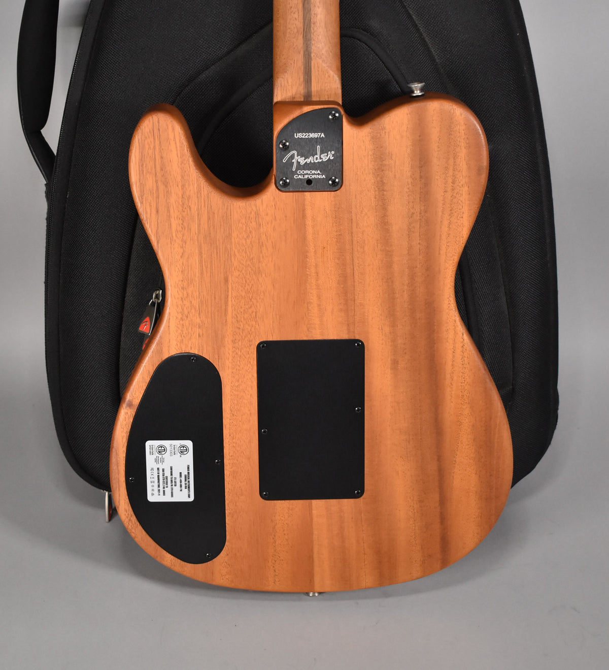 The guitar's back, a warm brown wood with a satin finish, shows two black control plates and a neck plate with a serial number.