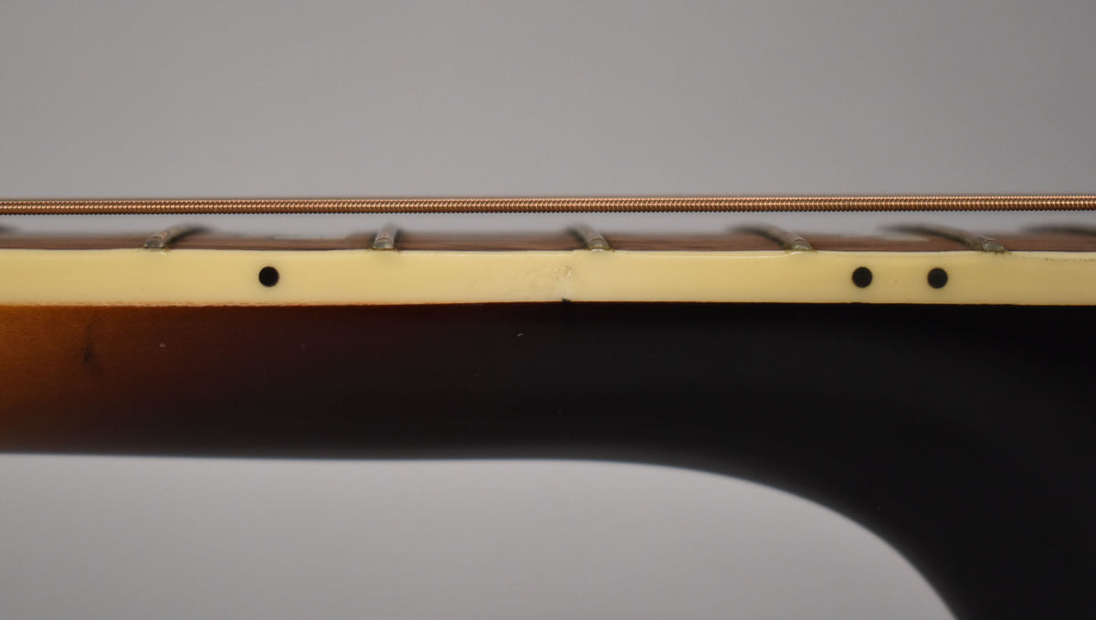 Close-up of the guitar's fretboard binding, showing two black dot inlays and a portion of the strings and frets.