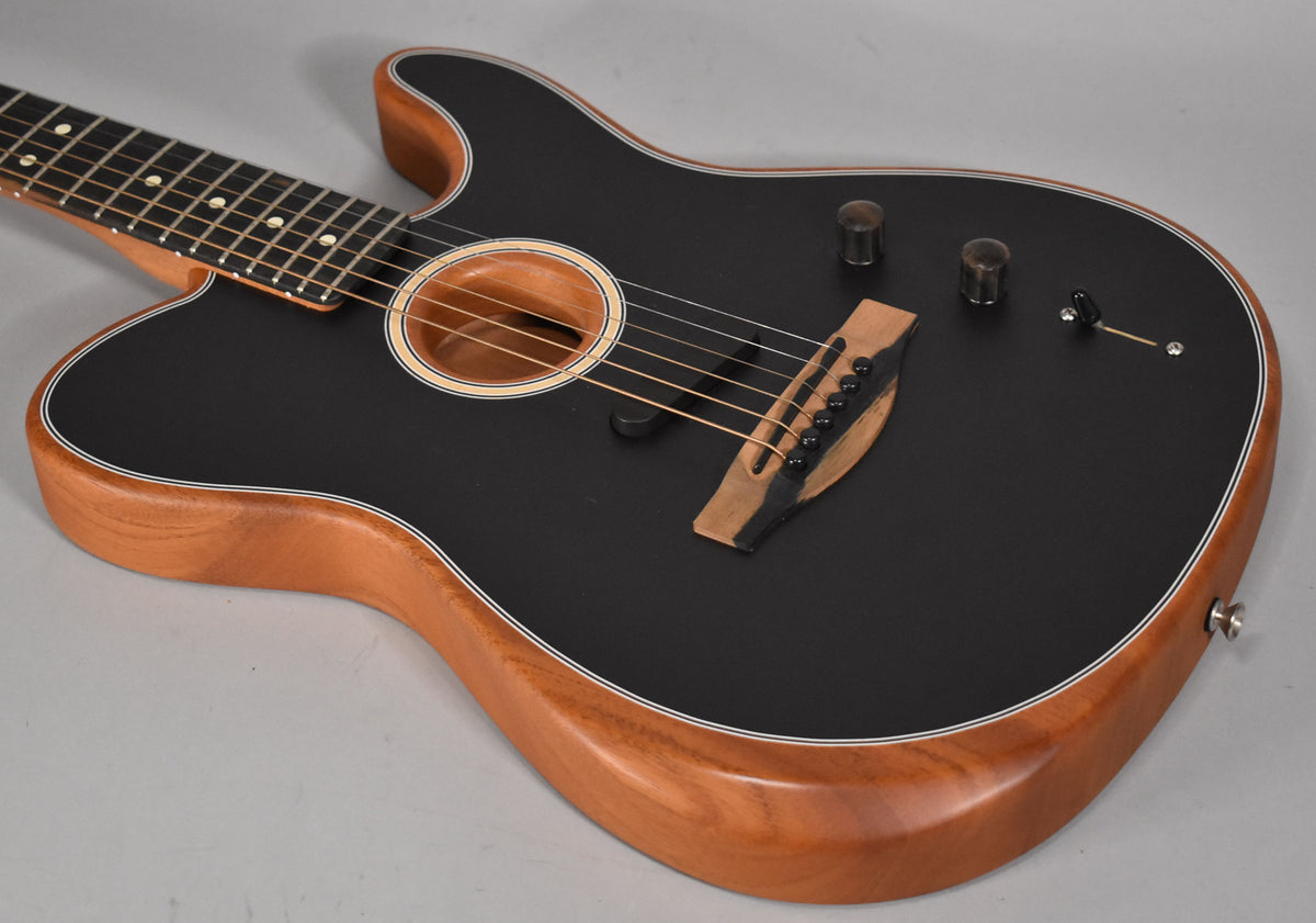 Close-up of a matte black guitar body with a natural wood binding, showing the soundhole, bridge, and two control knobs.