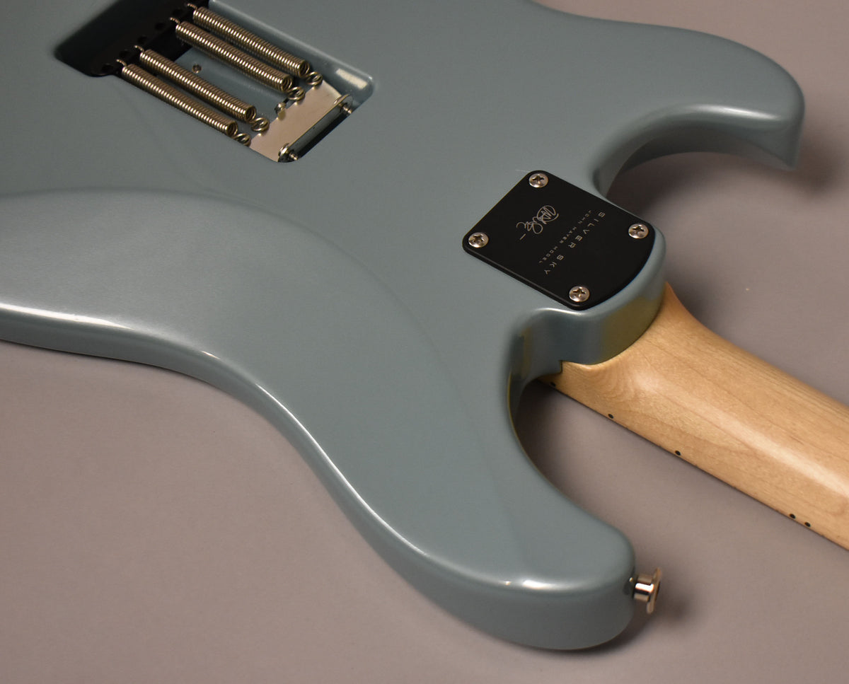 The back of a polar blue guitar shows the tremolo spring cavity, a black neck plate, and a light wood neck.