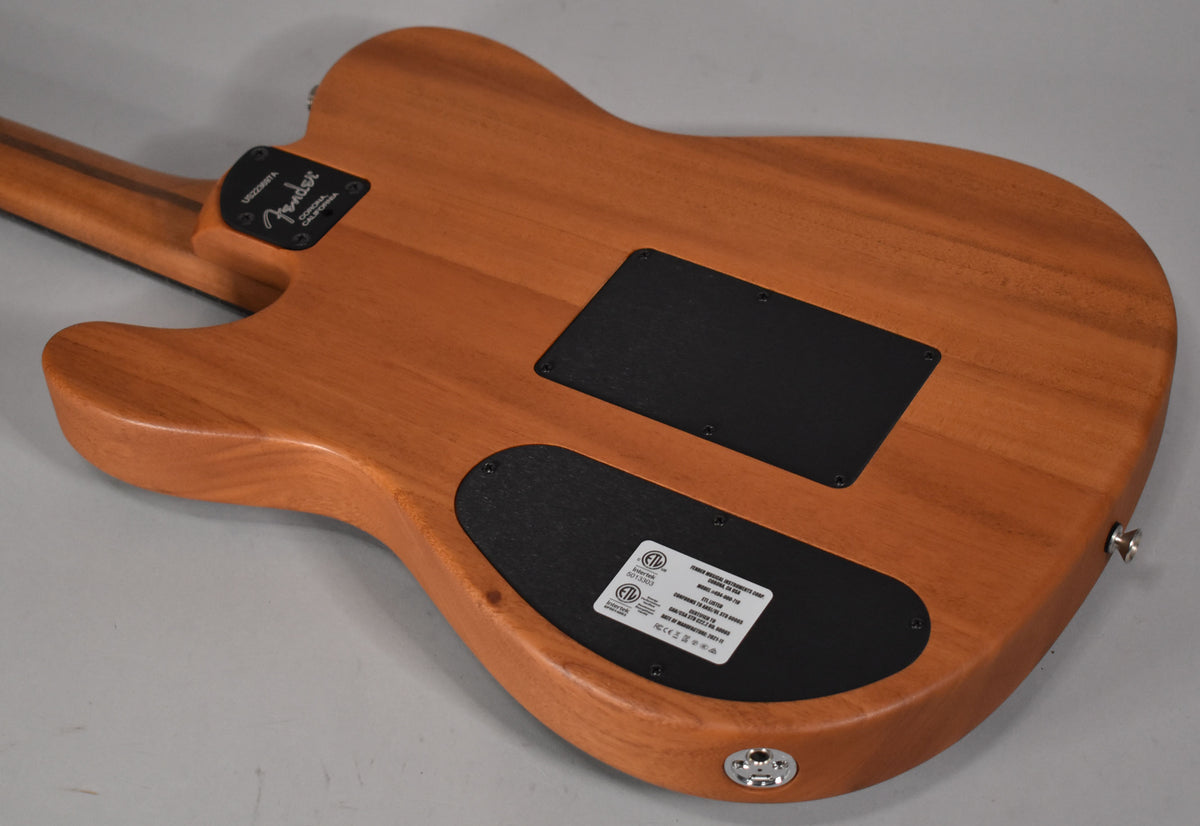 The back of a light brown wooden guitar body, showing two black control plates and a chrome input jack.