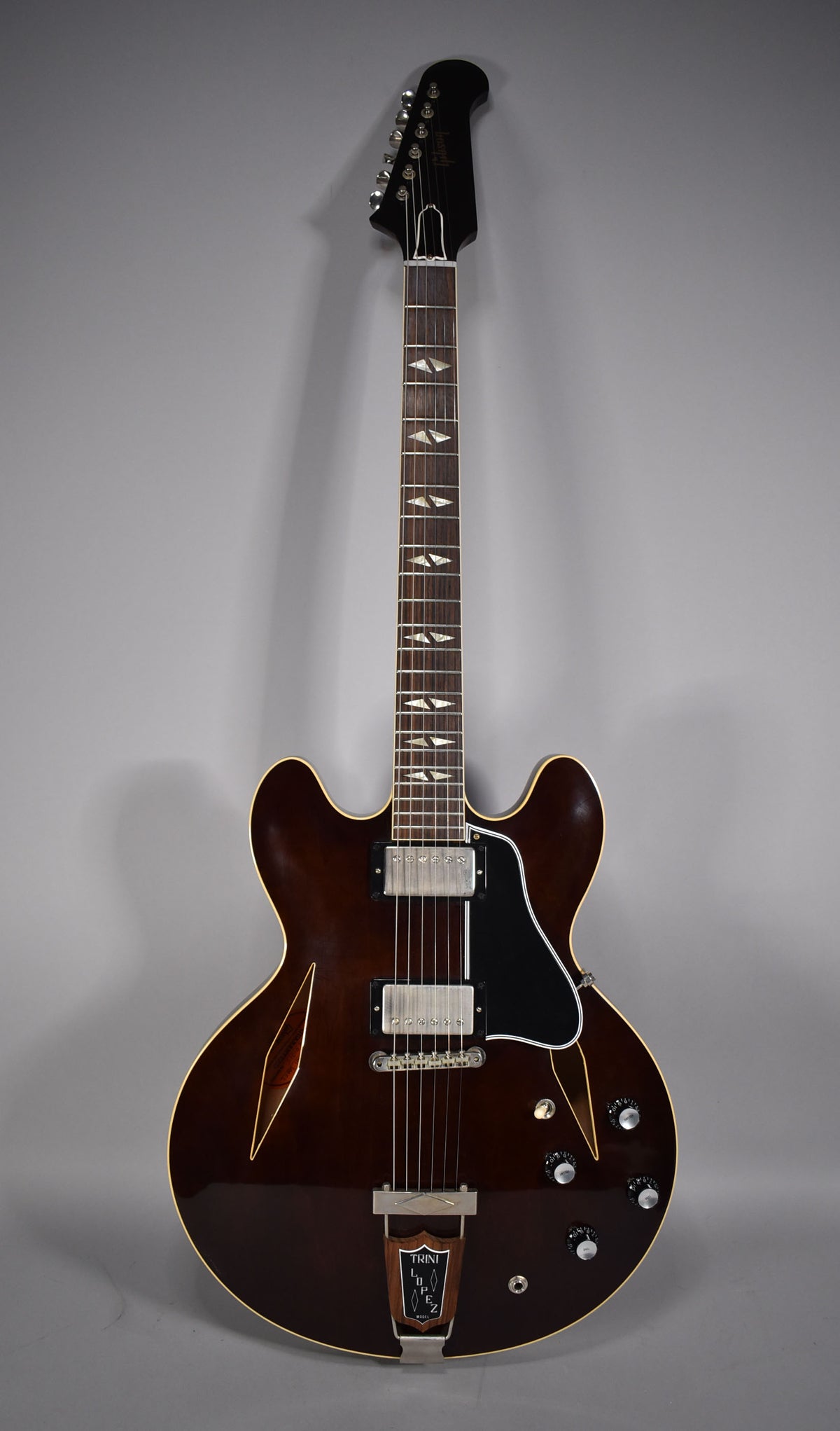 Full-length, front view of a dark walnut semi-hollow guitar with diamond fretboard inlays, two humbuckers, and a trapezoid tailpiece.