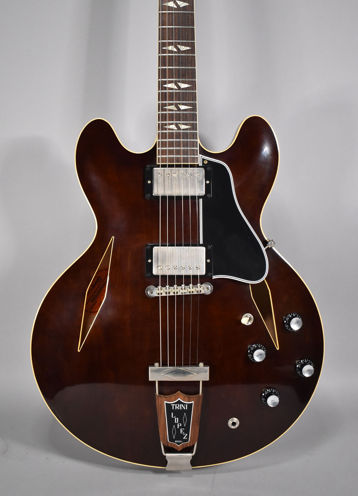 A dark walnut semi-hollow electric guitar, angled slightly right, showing its two humbuckers, black pickguard, and four control knobs.