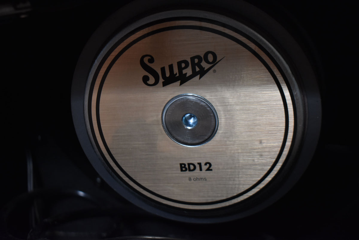 Close-up of a single speaker, showing its brushed metal dust cap with a black logo and text, surrounded by a black frame.