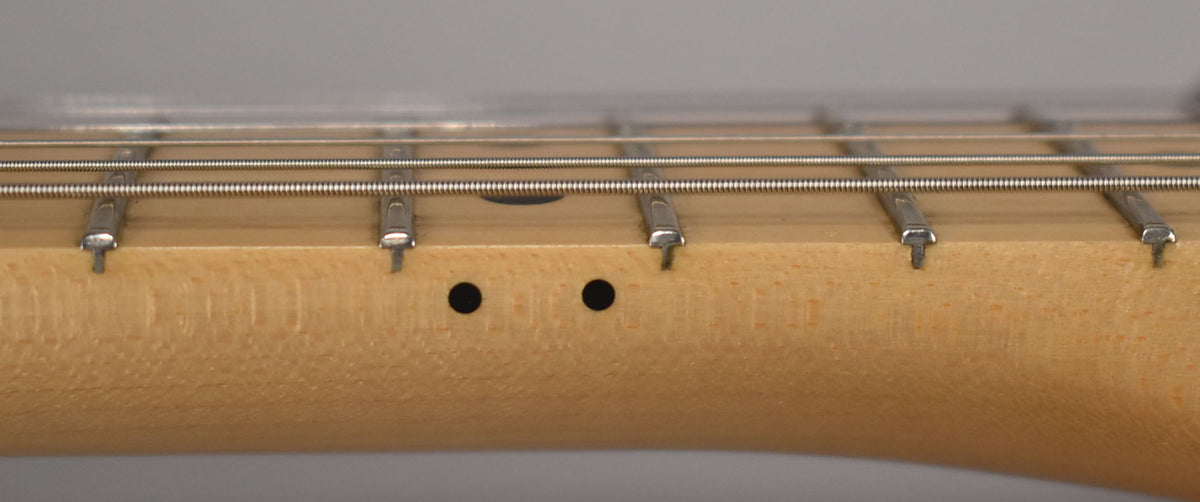 Close-up of the maple fretboard and frets, showing two black dot position markers and the side of the neck.