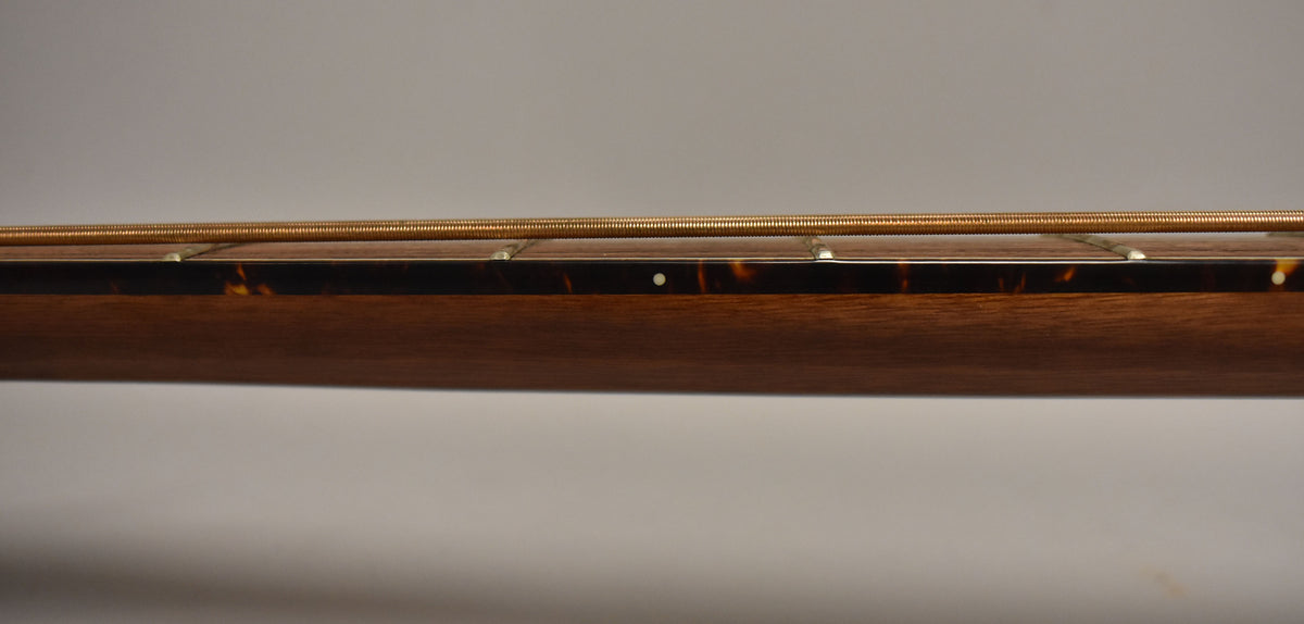 Close-up of the dark brown neck and side of the fretboard with tortoiseshell binding and white dot markers.