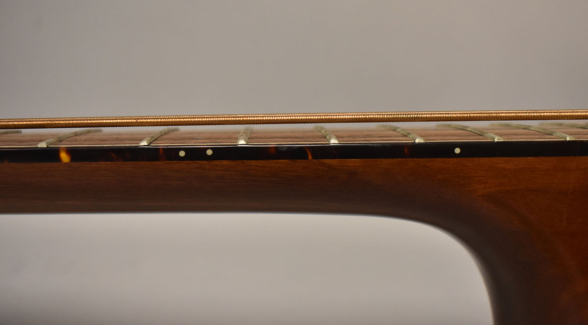 A close-up of the bass neck from the side, showing the dark wood, tortoiseshell binding, and white dot fret markers.