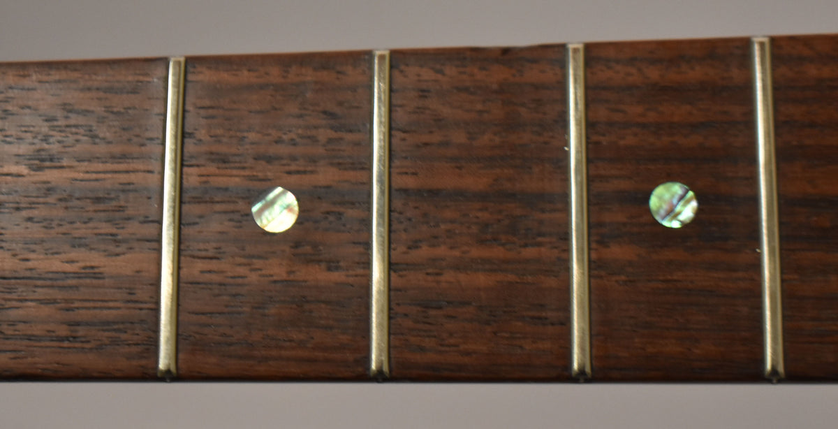 Close-up of the dark rosewood fretboard with five frets and two iridescent abalone dot inlays.