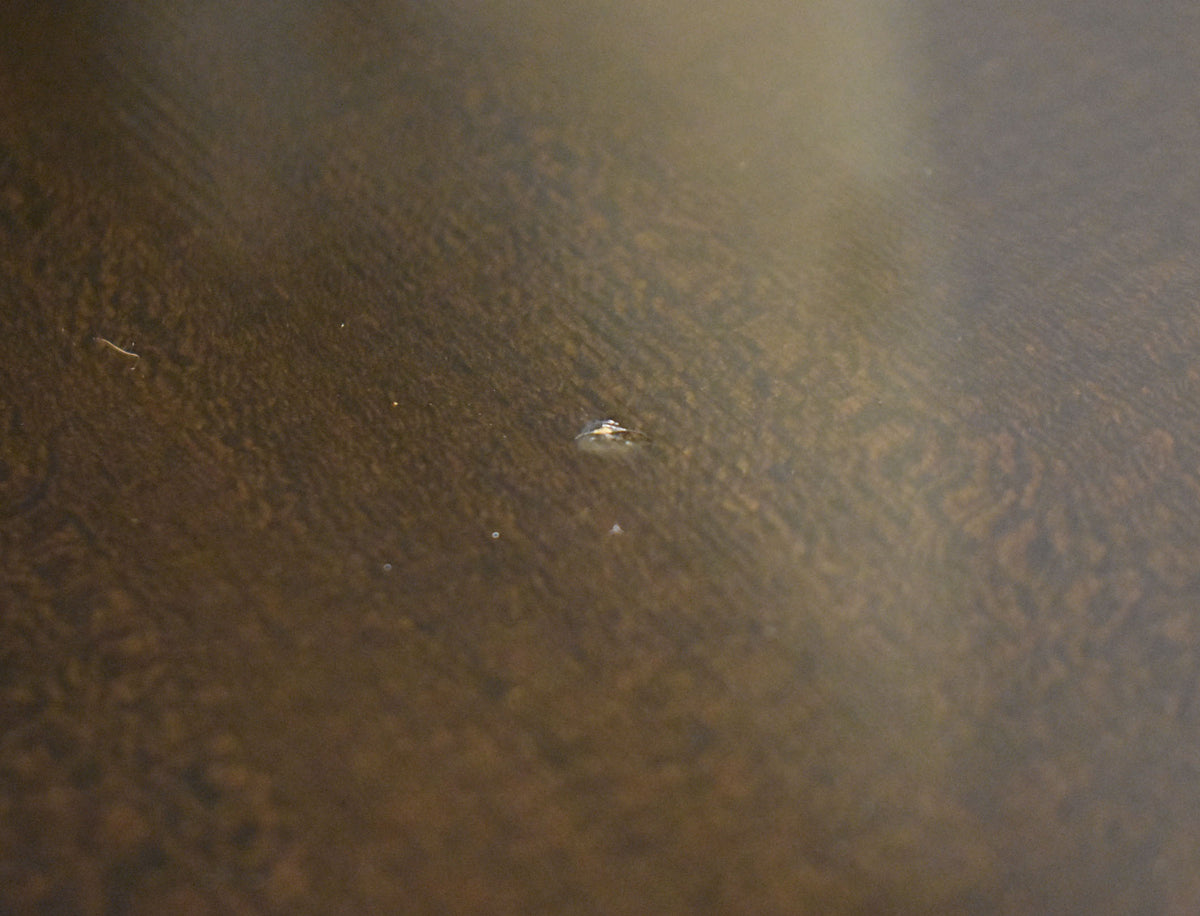 A close-up of the guitar's trans black finish, showing a small chip in the lacquer near the center.