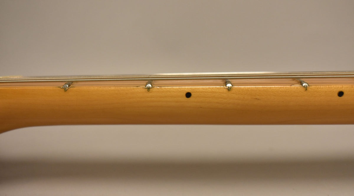 Close-up of a guitar neck, showing the maple fretboard with frets, strings, and a black dot inlay.