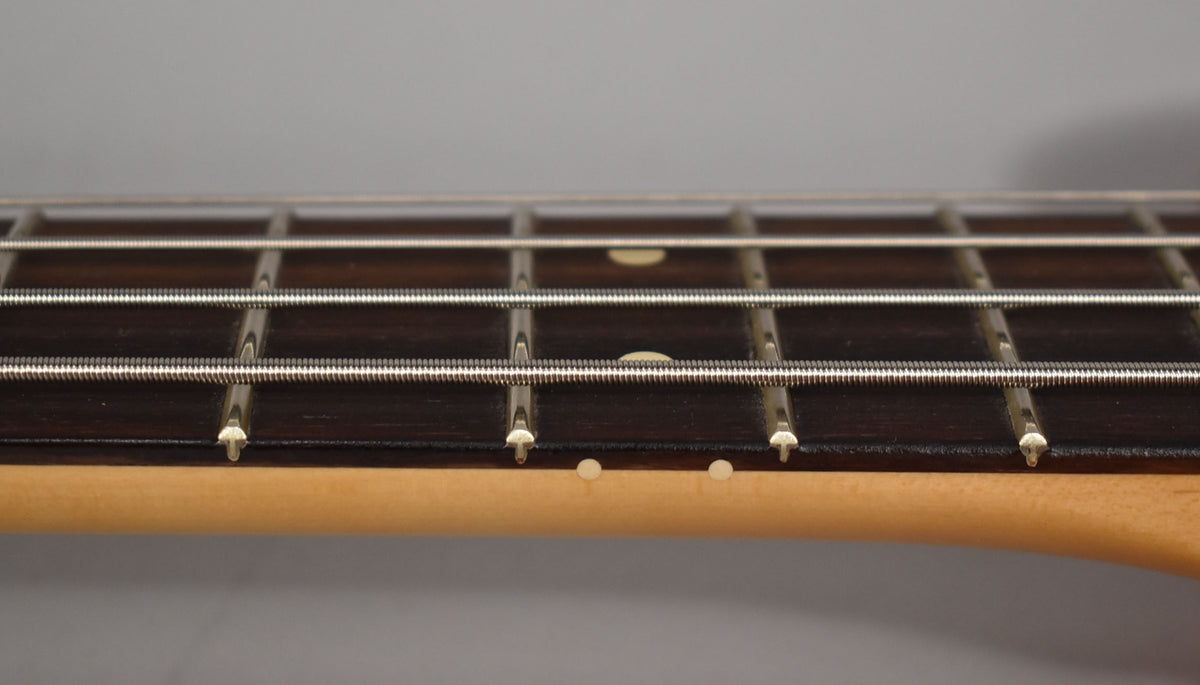Close-up of the bass fretboard, showing dark wood, metal frets, four strings, and light circular side markers.