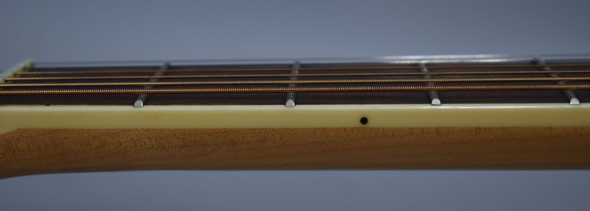 Close-up of the guitar's natural wood neck and dark fretboard with a cream binding, showing a single black dot inlay.