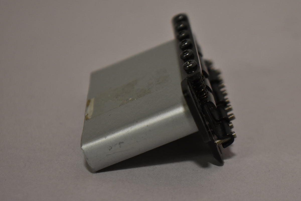The black tremolo bridge is viewed from the side, showing the six black saddle screws and the silver block.