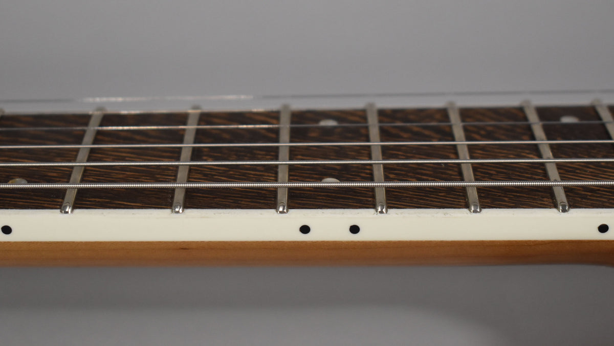 Close-up of the guitar's dark wood fretboard with metal frets and white binding, showing black side dots on the lower edge.