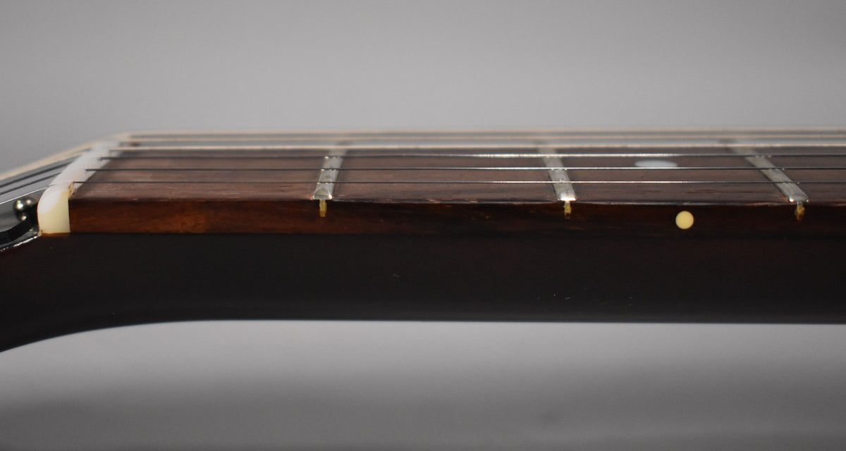 Close-up of the dark rosewood fretboard and frets, with a cream nut and side dot marker visible.